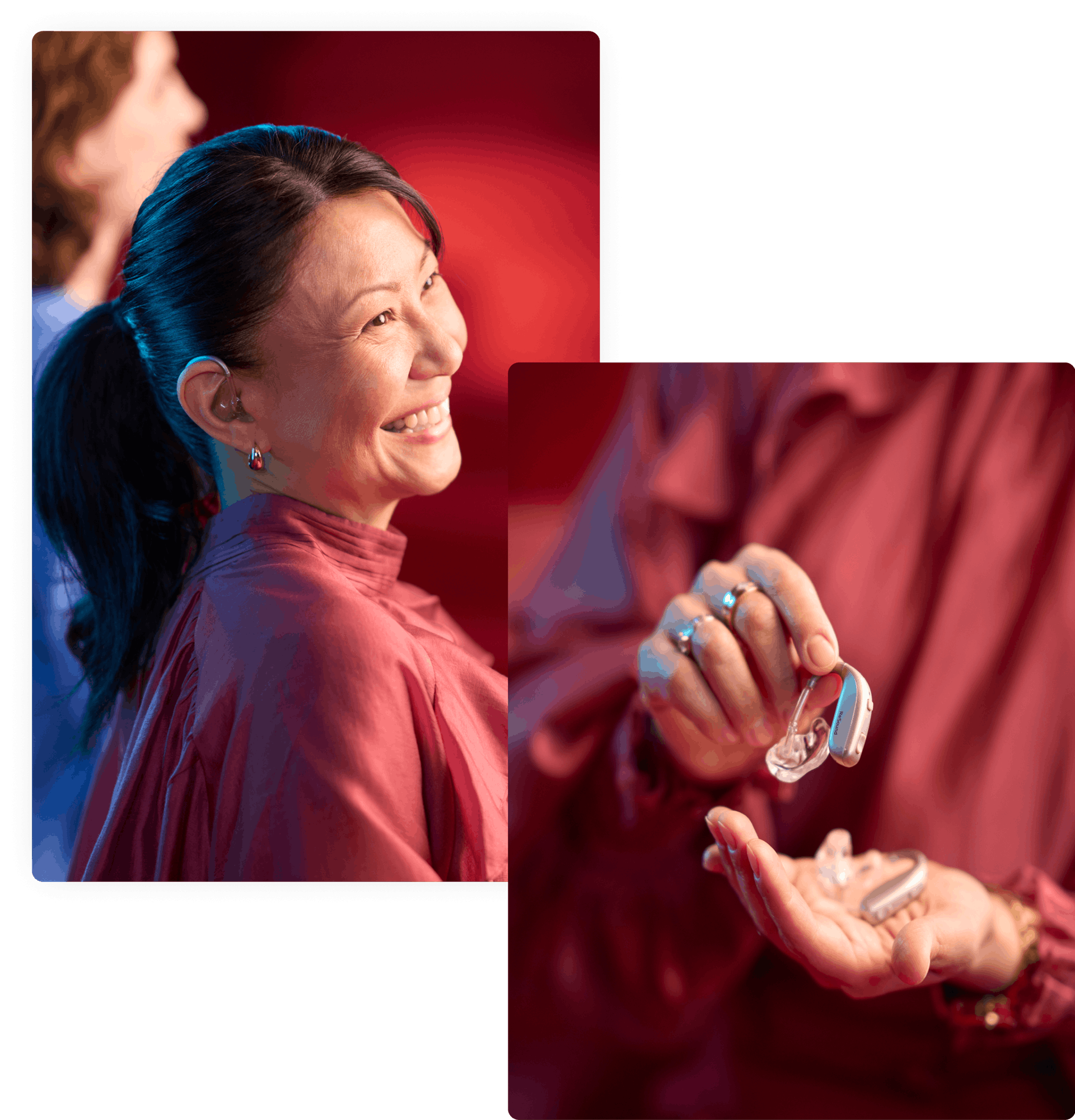 A woman wearing ReSound Enzo IA hearing aids is smiling and looking happy as her hearing aids are allowing her to connect to the world around her.